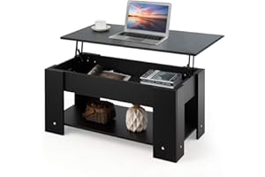 Costway Stolik kawowy z regulacją wysokości, stolik kawowy z blatem podnoszonym i półką, stolik pomocniczy z drewna, stolik do salonu, stolik kawowy do salonu (czarny)