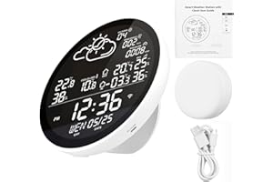 Benkeg Estación meteorológica inteligente wifi con reloj Medidor de temperatura y humedad para interiores y exteriores Pantalla a color grande multifuncional Reloj meteorológico Temp. y medidor de hum