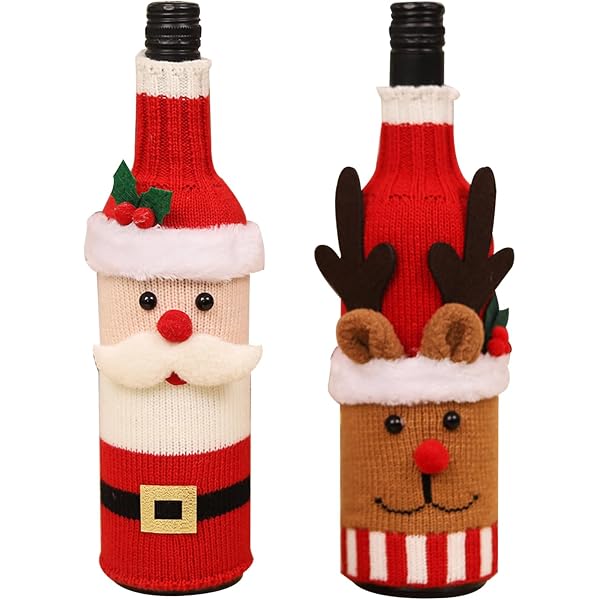 Weihnachten Flaschenüberzug Set, 3 Stück – Weihnachtsmann-Hut Hüllen Für Weinflaschen, Strick, Als Tischdeko