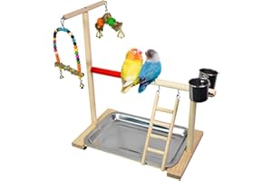 JasCherry Parque de Juego para Pájaros de Madera Soporte de Madera para Pájaros Aves Juego Stand Área de Juego Gimnasio con Columpio, Escalera, Bandeja, Campana y Taza de Alimentación #D