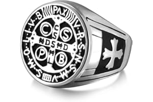 Amaxer Bague chevalière Saint Benoit de Nursie pour homme Bague de protection religieuse St Benoit Exorcisme Catholique Croix romaine