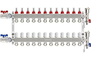 Vancoco Heizkreisverteiler Edelstahl für 12 Heizkreise mit Eurokonus 3/4 (16 x 2 mm), Fußbodenheizung Verteiler mit Durchflussmesser, Schnellentlüfter Set, 1" Kugelhähne und Klemmringverschraubung