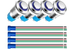 Gebildet 4piezas 12mm Acero Inoxidable Pulsador Momentáneo 3V-4.5V-5V-6V-7.5V-9V/5A LED 1NO SPST Encendido/Apagado Impermeable con Enchufe de Cable (LED Azul)