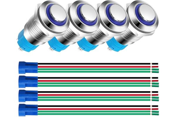 Gebildet 4pièces 12mm en Acier Inoxydable Bouton Poussoir Momentané 3V-4.5V-5V-6V-7.5V-9V/5A LED 1NO SPST Allumé/éteint Étanche avec Prise de Courant (LED Bleue)