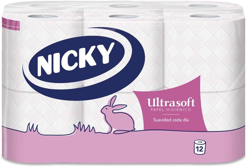 Nicky Ultrasoft Papel Higiénico - Paquete de 12 Rollos, 140 Hojas de 2 Capas, Delicado Aroma a Talco, Dermatológicamente Testado, Embalaje Reciclable, Celulosa 100% Pura