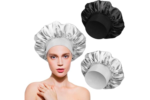 2pcs Bonnet Satin Soie Nuit Femme pour Soin des Cheveux Longs Spa Dormir Masque (Noir Gris)