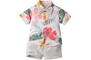 OLIPHEE Jungen Gentleman Anzüge Kinder Kurzarm Hawaii Hemd T-Shirts + Kurze Hose mit Tasche Freizeit Suit Strand Urlaub Sommer Set