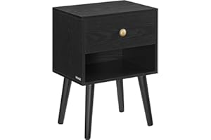 VASAGLE Bedside Table, Side Table with Storage Drawer and Open Shelf, Solid Wood Legs, End Table for Living Room, for Bedroom, Sofa, Ebony Black LET655B56