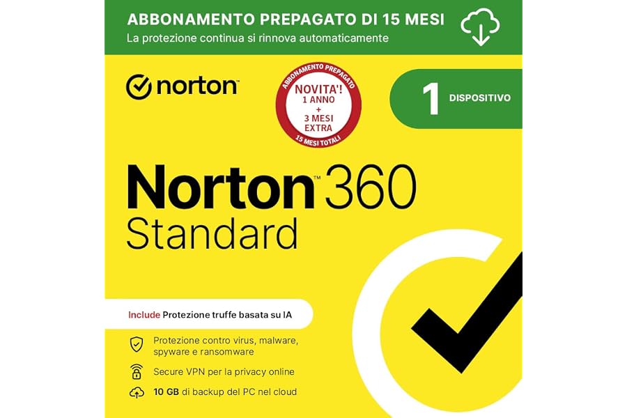 Norton 360 Standard 2025| Antivirus 1 dispositivo|15 mesi rinnovo automatico|Digital Download