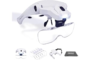 MagniPros LED Illuminated Headband Magnifier Visor with Bonus Cleaning Cloth and 5 Detachable Lenses 1X, 1.5X, 2X, 2.5X 3.5X - (Upgraded Version) Hands-Free Head Worn Lighted Magnifying Glass