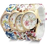 Estone Hot Fashion Women Dress Watch Silicone Printed Flower Causal Quartz Wristwatches