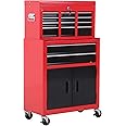 HOMCOM Tool Chest, Metal Tool Cabinet on Wheels with 6 Drawers, Pegboard, Top Chest and Roller Cabinet Combo, 61.6 x 33 x 108cm, Red
