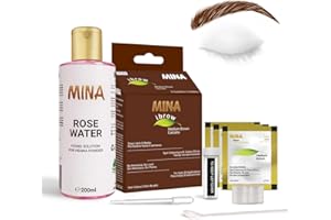 MINAIBROW MINA ibrow - Kit regular de color henna de larga duración con agua de rosas para solución de fijación de henna | Para colorear manchas y retoques | Cobertura 100% gris (marrón medio)