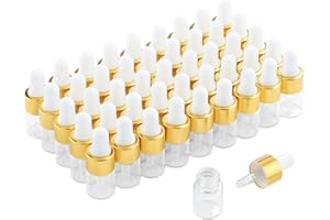 PARFUMLISM 50 Pcs Mini Dropper Bottles Empty Glass Tincture Bottles with Gold Caps Perfume Sample Vials for Essential Oils, Body Oils and Liquids, Includes Dropper and Funnel