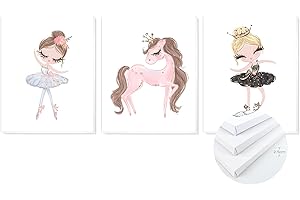 TIME HOME DEVELOPMENT Set di 3 quadri con cornice decorativa in tela stampata per bambini, per decorare le pareti della camera da letto dei bambini, con telaio in legno, 3 quadri, dimensioni 40 x 50 cm (Ballerine).