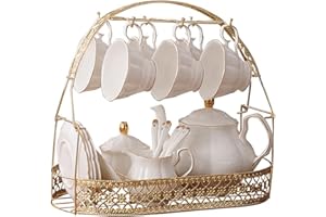 fanquare 15 Pieces Simple White English Ceramic Tea Sets,Tea Pot,Bone China Cups Without Metal Holder,Matching Spoons,Afternoon Tea Set Service Coffee Set