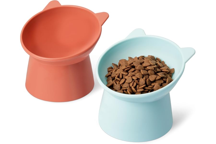 Amazon Basics Raised Cat Feeding Bowls, Cat Ear Shape, 2-Pack, 13.2 × 13.2 × 11.4 cm, Orange and Blue