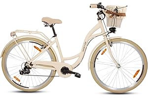 ‎GOETZE Goetze Mood 28 Zoll Damen Citybike, 18 Zoll Tiefeinsteiger Aluminiumrahmen, 7-Gang Kettenschaltung, doppelte V-Bremsen, LED-Beleuchtung, Rattankorb, Komfortsattel, mit Seitenständer & Klingel