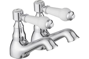 JASSFERRY Pair of Basin Taps Hot and Cold Water Bathroom Sink Tap White Ceramic Handle 1/4 Turn Lever 1/2" Faucet, Chrome Set of 2