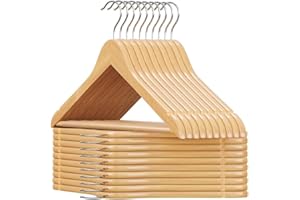 SHOPNIX Pack of 20 Space Saver Premium Quality Wooden Coat Hangers Made with Natural Wood and Non-Slip Trouser Coat Jacket Hangers Pants Bar - Strong Shoulder Notches - Extra Strong and Smooth Finish
