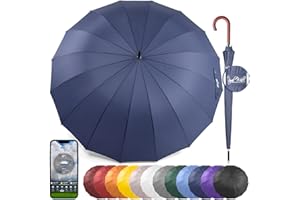 Royal Walk Parapluie Automatique pour Homme et Femme Résistant aux Vent, Solide, Anti Tempete, XXL Grand Taille' Parapluie Canne De Golf Pour 2 Personnes, Poignée en Bois 16 Baleines 120 cm Bleu Foncé