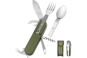 Snowtain Couverts Camping 7 en 1 en Acier Inox – Kit Pliable Multifonction avec Étui Ceinture, Ustensiles de Survie pour Randonnée, Pique-nique, Voyage (Vert Militaire)