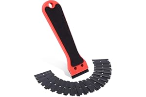 FOSHIO Raschietti in plastica per rasoi a manico lungo multiuso con adesivo antiscivolo EVA con 20 lame in raschietto in plastica, raschietto pulizie adesivo per decalcomanie, nero