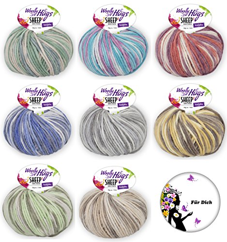 SHEEP UNI 37, 1er SET 50g Knäuel WOOLLY HUGS aus allen Farben wählen: 50% Merino extrafein, 28% Baumwolle, 22% Polyamid, Lauflänge 110m/50g, Nadelstärke 5,5 – 6.5 +Button FÜR DICH - 2