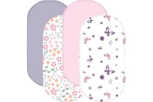 Little Grape Land Bassinet Sheets & Moses Basket 81×41cm, 4-Pack, Fits Oval/Rectangle/Round Mattress, Microfiber Fabric, Secure Elastic, Machine Washable, Butterfly Garden