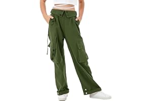 Rolanko Pantalones Cargo para Niñas, Pantalones Holgados de Cintura Elástica con Multibolsillos para Niños