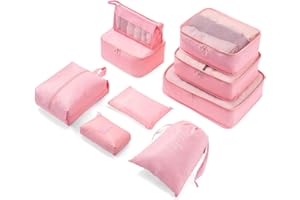 Meowoo 9Pcs Packing Cubes for Suitcases, Waterproof Travel Luggage Organizer Packing Bags Storage Bags Travel Essentials Bag with Cable Organisers Bag (Pink)