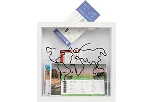 CAINCAY Adventure Archive Box, 29x29cm White Travel Memory Box Wood Frame Travel Tickets Box, Travel Collection Box Travel Shadow Box with Slot for Movie Theater Travel Tickets Stubs