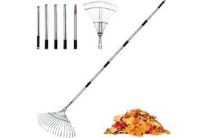 Rodison Laubrechen Verstellbar, Rechen Garten mit 22-Zinken & 5-Teiligem Abnehmbarem Edelstahlstiel, Laubbesen für Garten, Rasen und Hof (93-171 cm) -Rostfrei, Leicht Zerlegbar und Platzsparend