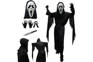 COFFEE LIFE PLUS halloween scream costume,screaming ghost costume,Erwachsene und Kinderschwarz scream kostüm,geist scream mask,Halloween Party Ganzkörperkostüm mit Scream Mask und Handschuhe und Messer
