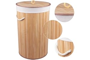 NEWTY Cesto de Bambú con Tapa para la Ropa Sucia Compartimento Cubo Colada Lavanderia Plegable con Asa de Cuerda Cesta de Almacenamiento Organizador Cubierta Bolsa Extraíble Laundry Basket (Rdo. L Natural)