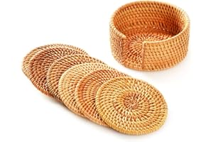 DESCONOCIDO SCF2017 Juego de 6 posavasos de ratán de tejido redondo con soporte posavasos para bebidas, 8 cm