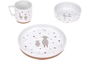 LÄSSIG Geschirrset Porzellan Kindergeschirrset Teller Schüssel Tasse mit Silikonring rutschfest Kindergeschirr/Tiny Farmer Sheep/Goose
