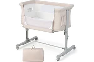 COSTWAY 3-in-1 Baby Bedside Crib, Easy Folding Cot Bed with Mattress, Breathable Mesh Window, Lockable Wheels and Travel Bag, Height Adjustable Newborn Sleeper for Birth to 9kg (Beige)