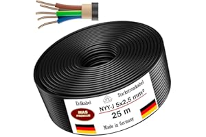 YIKKI Câble d'alimentation de terre NYY-J, de 5 à 100 m, 5 x 2,5 mm², câble électrique, anneau pour pose en extérieur, en sous-sol (25 m)