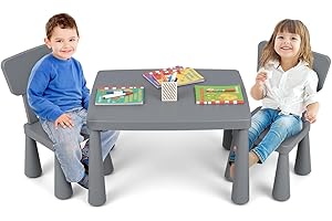 COSTWAY Kids Table and Chair Set, Children Multi Activity Desk with 2 Chairs, 3-Piece Toddler Furniture Set for Eating, Drawing, Writing, Craft, Snack Time, 77 x 55 x 50 cm (Gray)