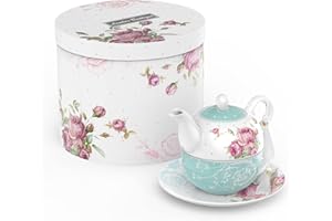 London Boutique Tea for One Teapot Teacup Saucer Set Afternoon Tea Set for 1 New Bone China Vintage Flora Gift for Women 350m (Turquoise)