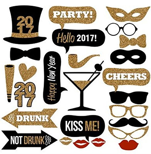 Veewon 2017 Neujahr Fotorequisiten Partei-Foto-Stand-Stützen 26pcs DIY Installationssatz Photobooth Karten-Schablonen Schnurrbart Hut Rote Lippengläser