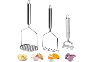 FIHODONE Lot de 2 presse-purées, 1 éplucheur de pommes de terre, presse-purée en acier inoxydable, éplucheur de potato masher cuisine, presse-purée de pommes de terre en acier inoxydable pour purée de