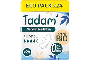 TADAM' - Serviettes Dermo-Sensitives Ultra fine avec ailettes - Flux Super + - Coton Bio - Extra Absorbant - Sans substances toxiques - Ecopacks X24