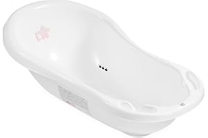 Hylat Baby Friends Blanc Baignoire Bébé avec Bouchon de Vidange et Thermomètre Vaignoire Antidérapante pour nouveau-nés et bébés jusqu'à 12 mois, en plastique sans BPA, Baignoire pour Enfants