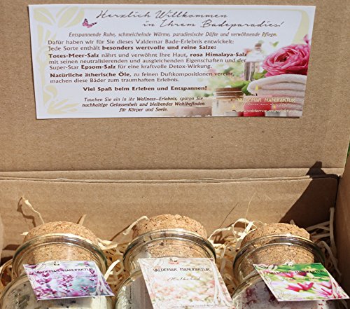 Geschenkset – 3 Badesalze – Premium-Badesalze der Valdemar Manufaktur – 100% natürliche Inhaltsstoffe, wunderschön und herrlich duftend. Je für 2 Anwendungen. In personalisierbarer Geschenkverpackung. Mit Molke, Totes-Meer-Salz, Epsom-Salz, ätherischen Ölen und Blüten. - 5