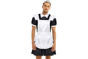 JEATHA Men's Sissy French Maid Uniform Cosplay Costume Satin Fancy Dress with Headband and Apron