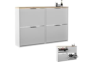 ‎PLANETMÖBEL Planetmöbel 2 x Schuhschrank schmal mit 2 Klappen platzsparender Schuhregal mit 4 Ablagen, Schuhkommode für Diele, Flur, Garderobe 60 x 23 x 80,5 cm, weiß grau