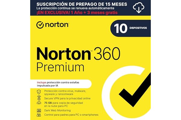 Norton 360 Premium 2026| Antivírus 10 Dispositivos| 15 meses con renovación automática| Descarga digital