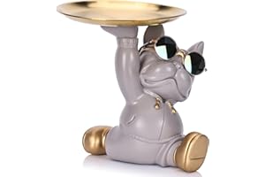 RuiDay Statua Del Bulldog Francese con Vassoio in Acciaio Inossidabile, Decorazioni Casa, Svuotatasche, Svuota Tasche da Ingresso Design, Porta Caramelle, Chiave Portaoggetti (Grigio)